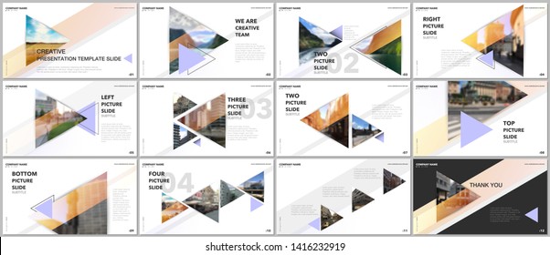 Minimal presentations design, portfolio vector templates with triangles and triangular elements. Multipurpose template for presentation slide, flyer leaflet, brochure cover, report, advertising.