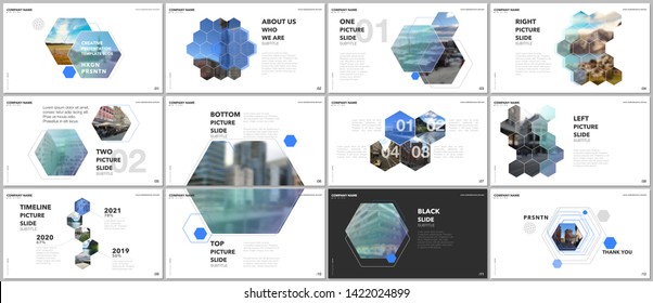 Minimal presentations design, portfolio vector templates with hexagons and hexagonal elements. Multipurpose template for presentation slide, flyer leaflet, brochure cover, report, advertising.