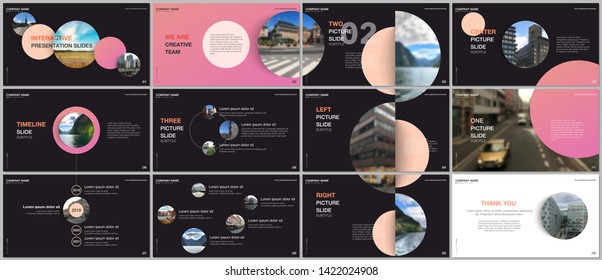 Minimal presentations design, portfolio vector templates with colorful circle elements on black background. Multipurpose template for presentation slide, flyer leaflet, brochure cover, report etc.