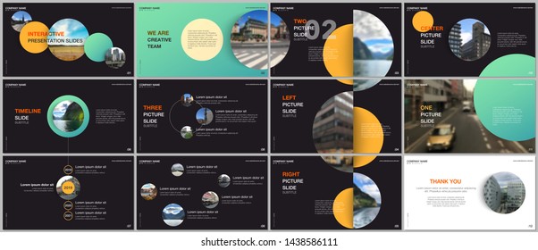 Minimal presentations design, portfolio vector templates with green colorful circle elements on black background. Multipurpose template for presentation slide, flyer leaflet, brochure cover, report.
