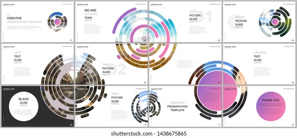 Minimal presentations design, portfolio vector templates with pink colorful circle elements on white background. Multipurpose template for presentation slide, flyer leaflet, brochure cover, report.