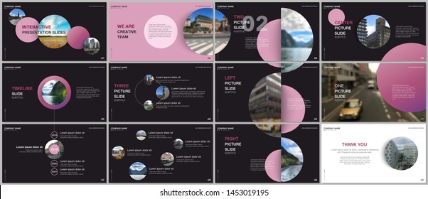 Minimal presentations design, portfolio vector templates with colorful circle elements on black background. Multipurpose template for presentation slide, flyer leaflet, brochure cover, report etc.