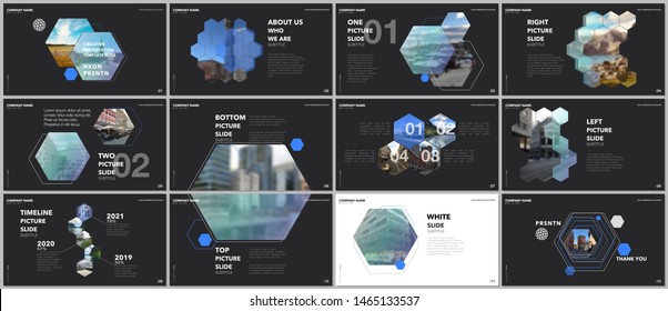 Minimal presentations design, portfolio vector templates with hexagons and hexagonal elements. Multipurpose template for presentation slide, flyer leaflet, brochure cover, report, advertising.