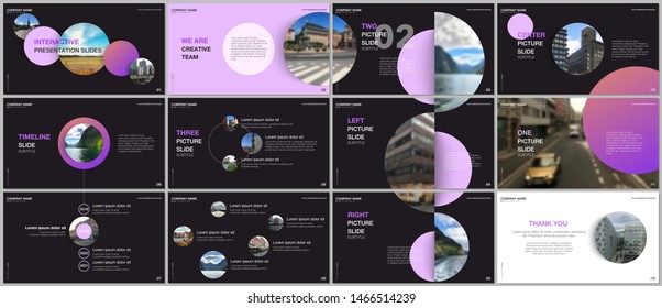 Minimal presentations design, portfolio vector templates with pink colorful circle elements on black background. Multipurpose template for presentation slide, flyer leaflet, brochure cover, report.