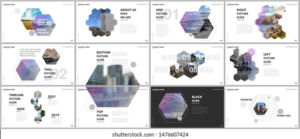 Minimal presentations design, portfolio vector templates with hexagons and hexagonal elements. Multipurpose template for presentation slide, flyer leaflet, brochure cover, report, advertising.