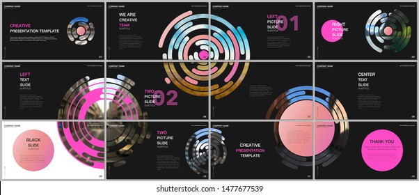 Minimal presentations design, portfolio vector templates with pink colorful circle elements on black background. Multipurpose template for presentation slide, flyer leaflet, brochure cover, report.