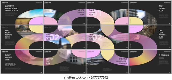 Minimal presentations design, portfolio vector templates with circle elements on black background. Multipurpose template for presentation slide, flyer leaflet, brochure cover, report, advertising.