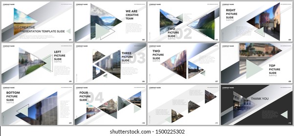 Minimal presentations design, portfolio vector templates with triangles and triangular elements. Multipurpose template for presentation slide, flyer leaflet, brochure cover, report, advertising.