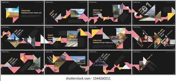Minimal presentations design, portfolio vector templates with colorful triangle origami paper elements. Multipurpose template for presentation slide, flyer leaflet, brochure cover, report, marketing.