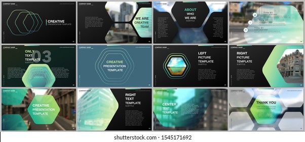 Minimal presentations design, portfolio vector templates with hexagonal design green color pattern background. Multipurpose template for presentation slide, flyer leaflet, brochure cover, report.