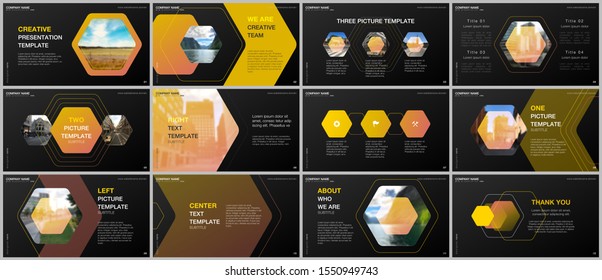Minimal presentations design, portfolio vector templates with elements on black background. Multipurpose template for presentation slide, flyer leaflet, brochure cover, report, marketing, advertising.