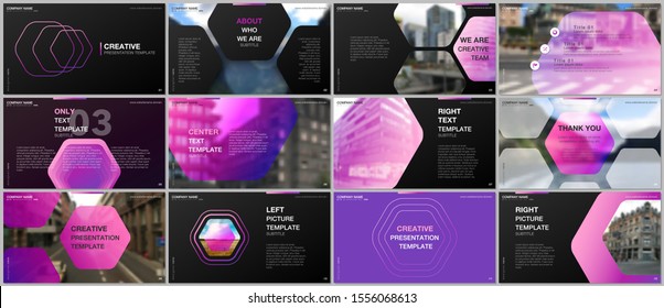 Minimal presentations design, portfolio vector templates with hexagonal design pink color pattern background. Multipurpose template for presentation slide, flyer leaflet, brochure cover, report.