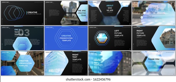 Minimal presentations design, portfolio vector templates with hexagonal design blue color pattern background. Multipurpose template for presentation slide, flyer leaflet, brochure cover, report.