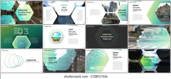 Minimal presentations design, portfolio vector templates with hexagonal design green color pattern background. Multipurpose template for presentation slide, flyer leaflet, brochure cover, report