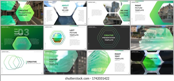 Minimal presentations design, portfolio vector templates with hexagonal design green color pattern background. Multipurpose template for presentation slide, flyer leaflet, brochure cover, report.