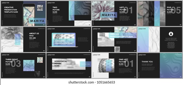 Minimal presentations, portfolio templates. Blue elements on a black background. Brochure cover vector design. Presentation slides for flyer, leaflet, brochure, report, marketing, advertising, banner