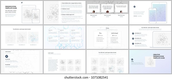 Minimal presentations, portfolio templates. Blue color elements on white. Brochure cover vector design. Presentation slides for flyer, leaflet, brochure, report, marketing. Social network concept