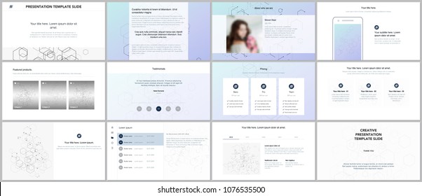Minimal presentations, portfolio templates. Blue color elements, connection concept. Brochure cover vector design. Presentation slides for flyer, leaflet, brochure, report. Social network concept.