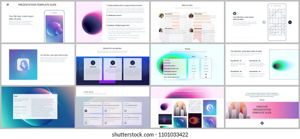 Minimal presentations, portfolio templates with colorful gradient blurs and geometric backgrounds. Brochure cover vector design. Presentation slides for flyer, leaflet, brochure, report, marketing.