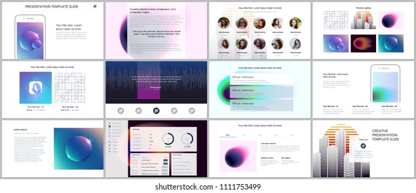Minimal presentations, portfolio templates with colorful gradient blurs and geometric backgrounds. Brochure cover vector design. Presentation slides for flyer, leaflet, brochure, report, marketing