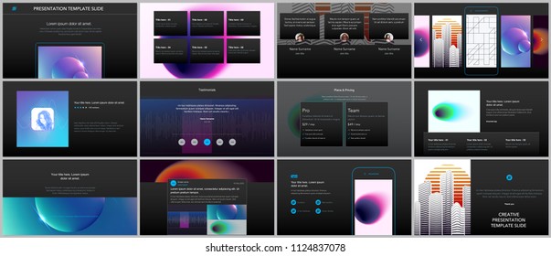 Minimal presentations, portfolio templates with colorful gradient blurs and geometric backgrounds. Brochure cover vector design. Presentation slides for flyer, leaflet, brochure, report, advertising.