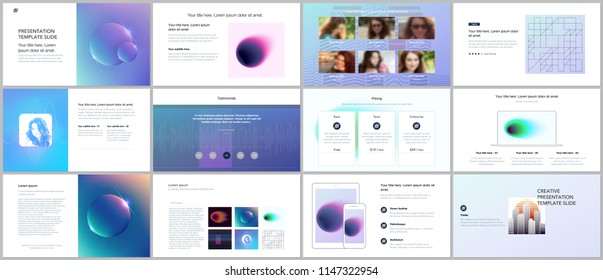 Minimal presentations, portfolio templates with colorful gradient blurs and geometric backgrounds. Brochure cover vector design. Presentation slides for flyer, leaflet, brochure, report, marketing.