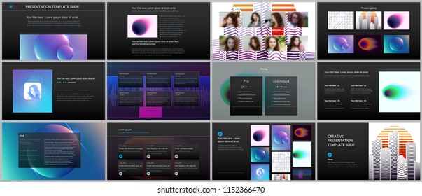 Minimal presentations, portfolio templates with colorful gradient blurs and geometric backgrounds. Brochure cover vector design. Presentation slides for flyer, leaflet, brochure, report, advertising.
