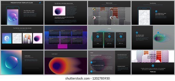 Minimal presentations, portfolio templates with colorful gradient blurs and geometric backgrounds. Brochure cover vector design. Presentation slides for flyer, leaflet, brochure, report, advertising.