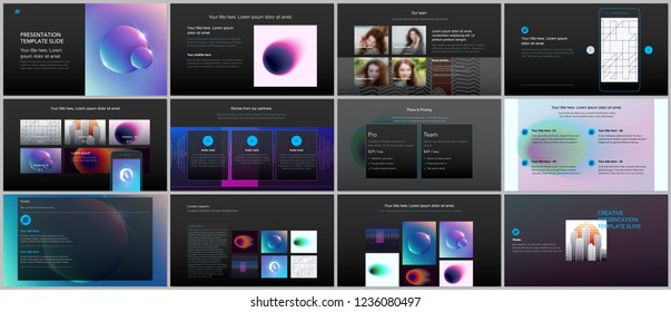 Minimal presentations, portfolio templates with colorful gradient blurs and geometric backgrounds. Brochure cover vector design. Presentation slides for flyer, leaflet, brochure, report, advertising.