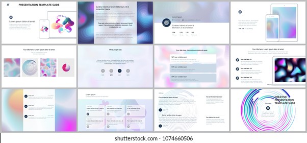 Minimal presentations, portfolio templates with geometric patterns, gradients, fluid shapes. Brochure cover vector design. Presentation slides for flyer, leaflet, brochure, report, advertising