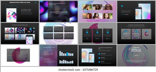 Minimal presentations, portfolio templates with geometric patterns, gradients, fluid shapes. Brochure cover vector design. Presentation slides for flyer, leaflet, brochure, report, advertising
