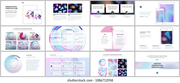 Minimal presentations, portfolio templates with geometric patterns, gradients, fluid shapes on white. Brochure cover vector design. Presentation slides for flyer, brochure, report, advertising