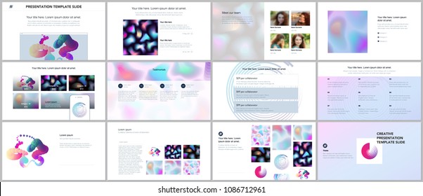 Minimal presentations, portfolio templates with geometric patterns, gradients, fluid shapes on white. Brochure cover vector design. Presentation slides for flyer, brochure, report, advertising