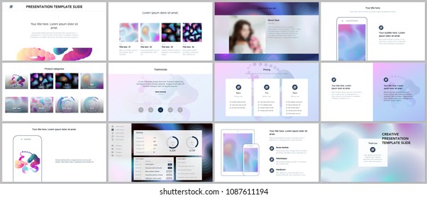 Minimal presentations, portfolio templates with geometric patterns, gradients, fluid shapes on white. Brochure cover vector design. Presentation slides for flyer, brochure, report, advertising
