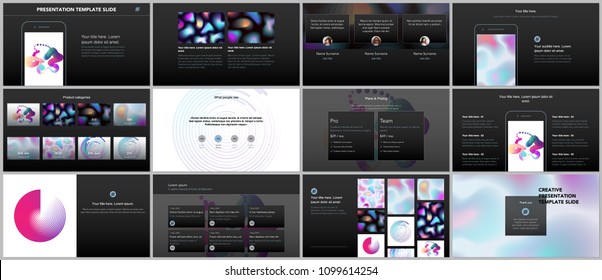 Minimal presentations, portfolio templates with geometric patterns, gradients, fluid shapes on black background. Brochure cover vector design. Presentation slides for flyer, brochure, report etc.