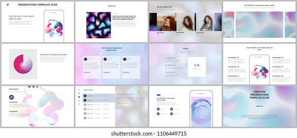 Minimal presentations, portfolio templates with geometric patterns, gradients, fluid shapes on white. Brochure cover vector design. Presentation slides for flyer, brochure, report, advertising