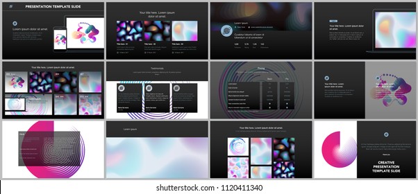 Minimal presentations, portfolio templates with geometric patterns, gradients, fluid shapes on black background. Brochure cover vector design. Presentation slides for flyer, brochure, report etc.
