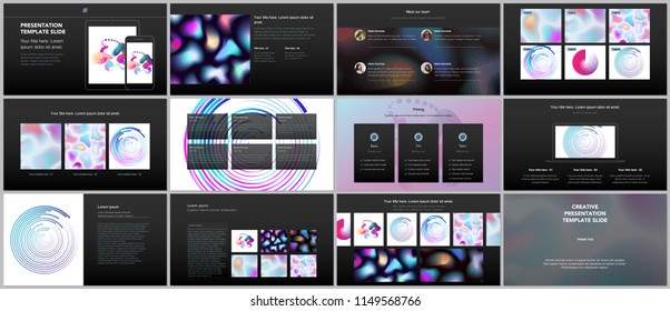 Minimal presentations, portfolio templates with geometric patterns, gradients, fluid shapes on black background. Brochure cover vector design. Presentation slides for flyer, brochure, report etc.