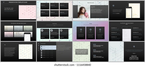 Minimal presentations, portfolio templates. Presentation slides for flyer, leaflet, brochure, report. Line art pattern with connecting lines. Geometric background. Technology, digital network concept