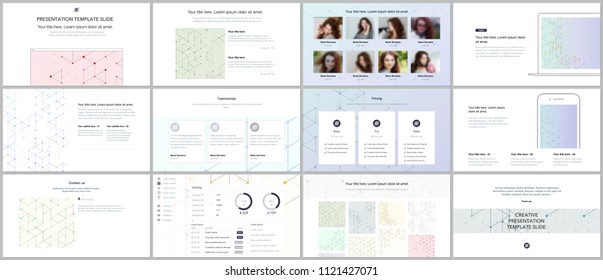 Minimal presentations, portfolio templates. Presentation slides for flyer, brochure, report. Line art pattern with connecting lines. Abstract geometric background. Technology, digital network concept.