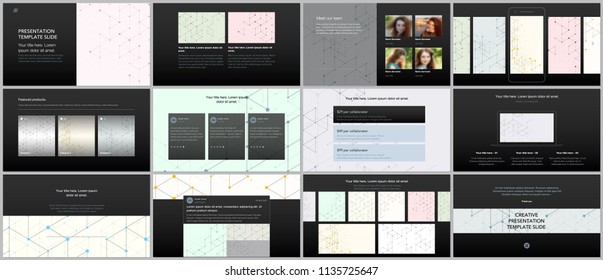 Minimal presentations, portfolio templates. Presentation slides for flyer, leaflet, brochure, report. Line art pattern with connecting lines. Geometric background. Technology, digital network concept.
