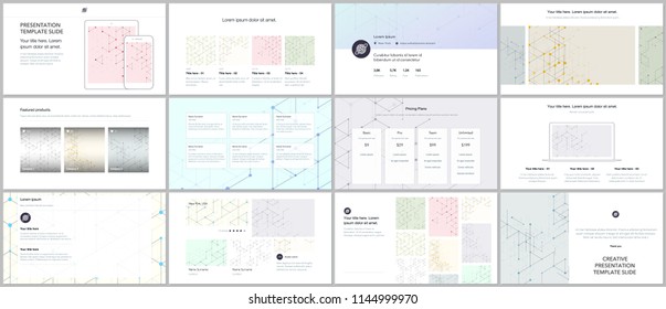 Minimal presentations, portfolio templates. Presentation slides for flyer, brochure, report. Line art pattern with connecting lines. Abstract geometric background. Technology, digital network concept
