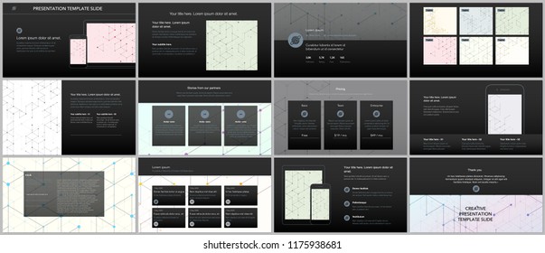 Minimal presentations, portfolio templates. Presentation slides for flyer, leaflet, brochure, report. Line art pattern with connecting lines. Geometric background. Technology, digital network concept