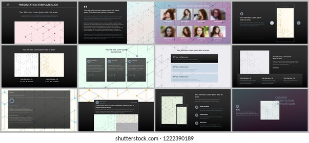 Minimal presentations, portfolio templates. Presentation slides for flyer, leaflet, brochure, report. Line art pattern with connecting lines. Geometric background. Technology, digital network concept.