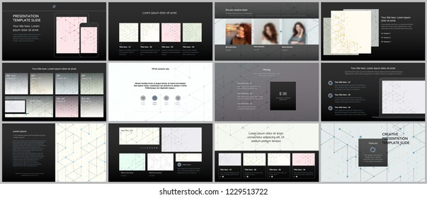 Minimal presentations, portfolio templates. Presentation slides for flyer, leaflet, brochure, report. Line art pattern with connecting lines. Geometric background. Technology, digital network concept