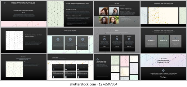 Minimal presentations, portfolio templates. Presentation slides for flyer, leaflet, brochure, report. Line art pattern with connecting lines. Geometric background. Technology, digital network concept.