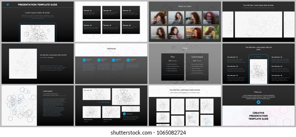 Minimal presentations, portfolio templates. Simple elements on black background. Brochure cover vector design. Presentation slides for flyer, leaflet, brochure, report. Social network concept.