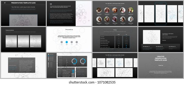 Minimal presentations, portfolio templates. Simple elements on black background. Brochure cover vector design. Presentation slides for flyer, leaflet, brochure, report. Social network concept