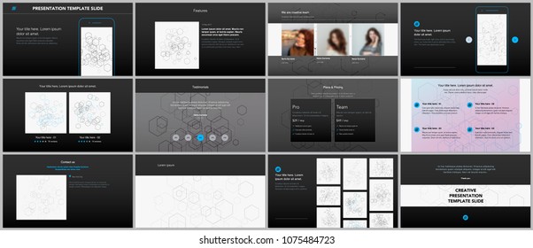 Minimal presentations, portfolio templates. Simple elements on black background. Brochure cover vector design. Presentation slides for flyer, leaflet, brochure, report. Social network concept