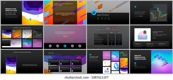 Minimal presentations, portfolio templates. Simple elements on black background. Brochure cover vector design. Presentation slides for flyer, leaflet, brochure, report, marketing, advertising